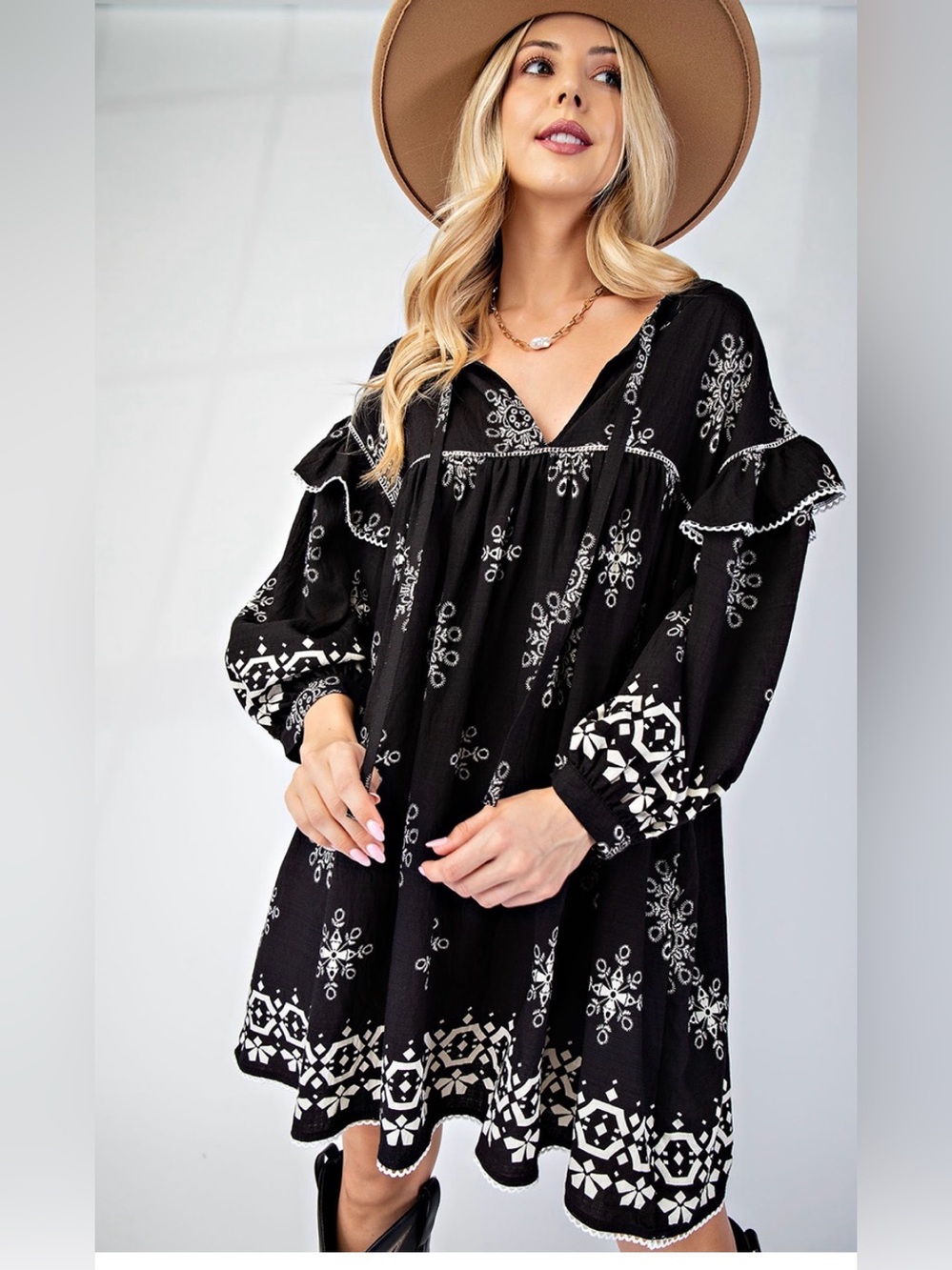 GIGIO USA Black BOHO TIE V-Neck BABYY DOLL Swing Dress NWT L
